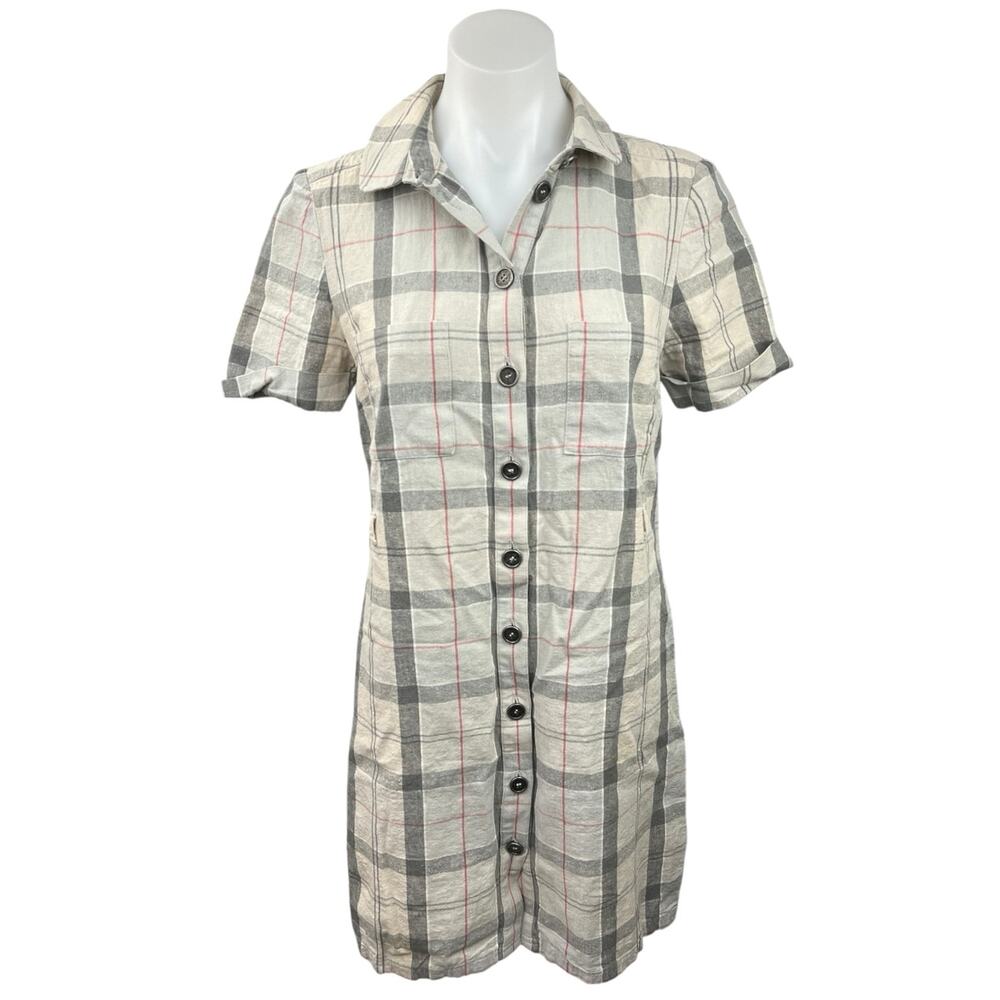 Barbour Linen Cream Plaid Checketed Short Sleeve Tartan Mini Shirt Dress Size 6